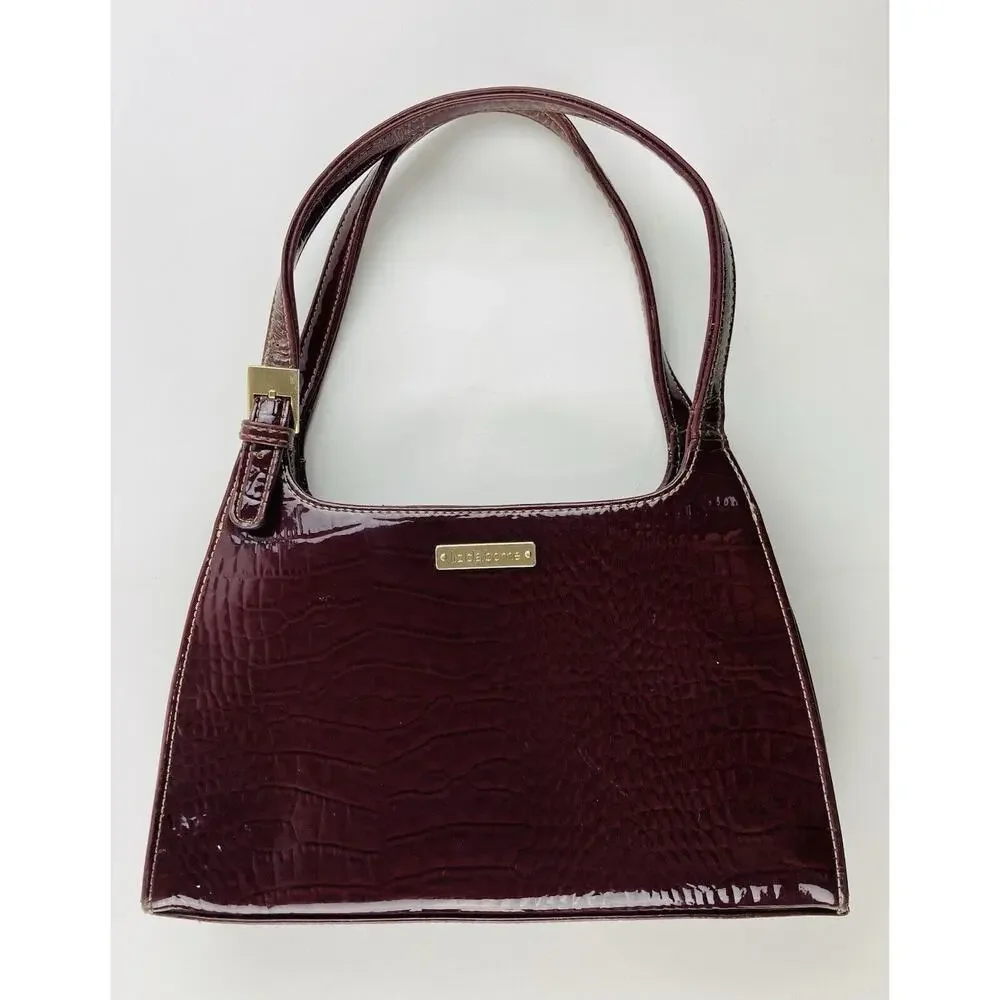 Liz Claiborne Purse Dark Brown Maroon Handbag Faux Leather Croc Alligator Burgun